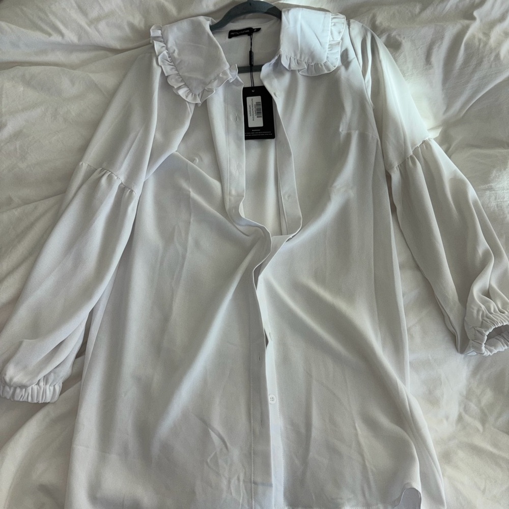 PrettyLittleThing White Ruffle Collar Button Down Shirt